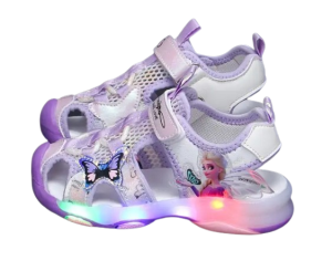 Sandałki półotwarte dla dzieci Kraina Lodu ze świecącą podeszwą fioletowe