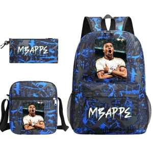 Plecak dla chłopca do szkoły w kolorze niebieskim z nadrukiem Mbappé i piórnikiem          
