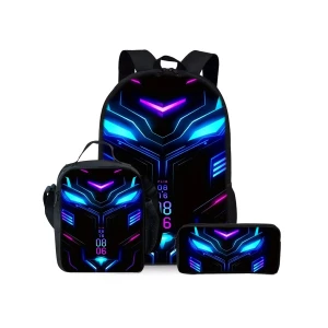 Zestaw Szkolny 3w1: Plecak, Torba Termiczna i Piórnik – Design Mecha Cyberpunk