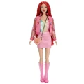 Rudowłosa lalka modowa Fashion Doll 30cm w różowej kurtce i sukience z torebką serce