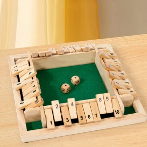 Gra Drewniana Zamknij Pudełko Shut the Box 4 Osoby – Edukacyjna Gra Planszowa Matematyczna z Kostkami i Filcową Wyściółką 22 × 22 cm