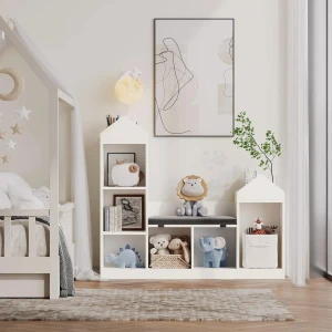 Regał Dziecięcy z Siedziskiem Domek Organizer na Zabawki i Książki Biały 121 cm